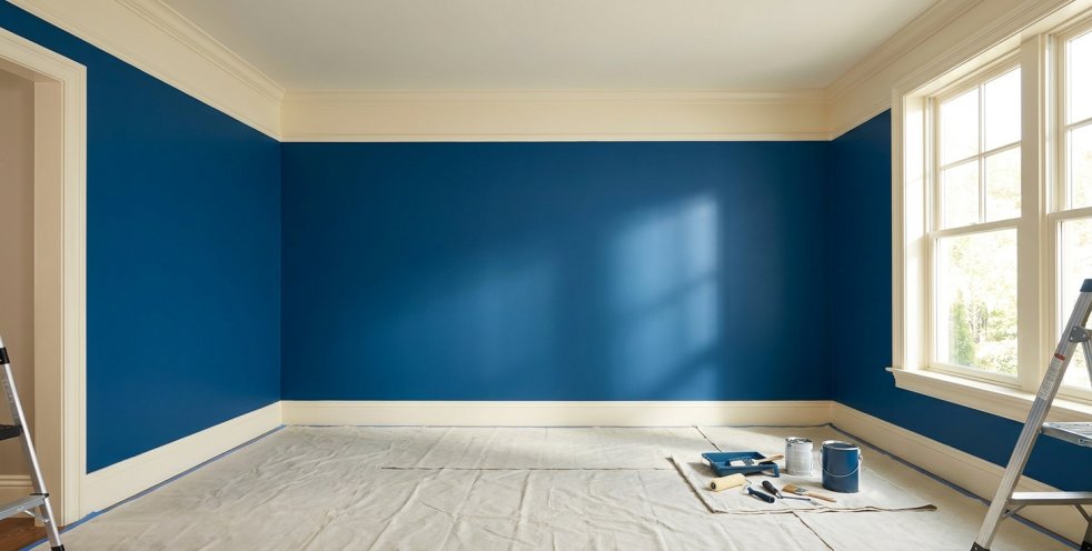 Freshly painted blue interior room with ladders, drop cloths, and painting supplies by the window